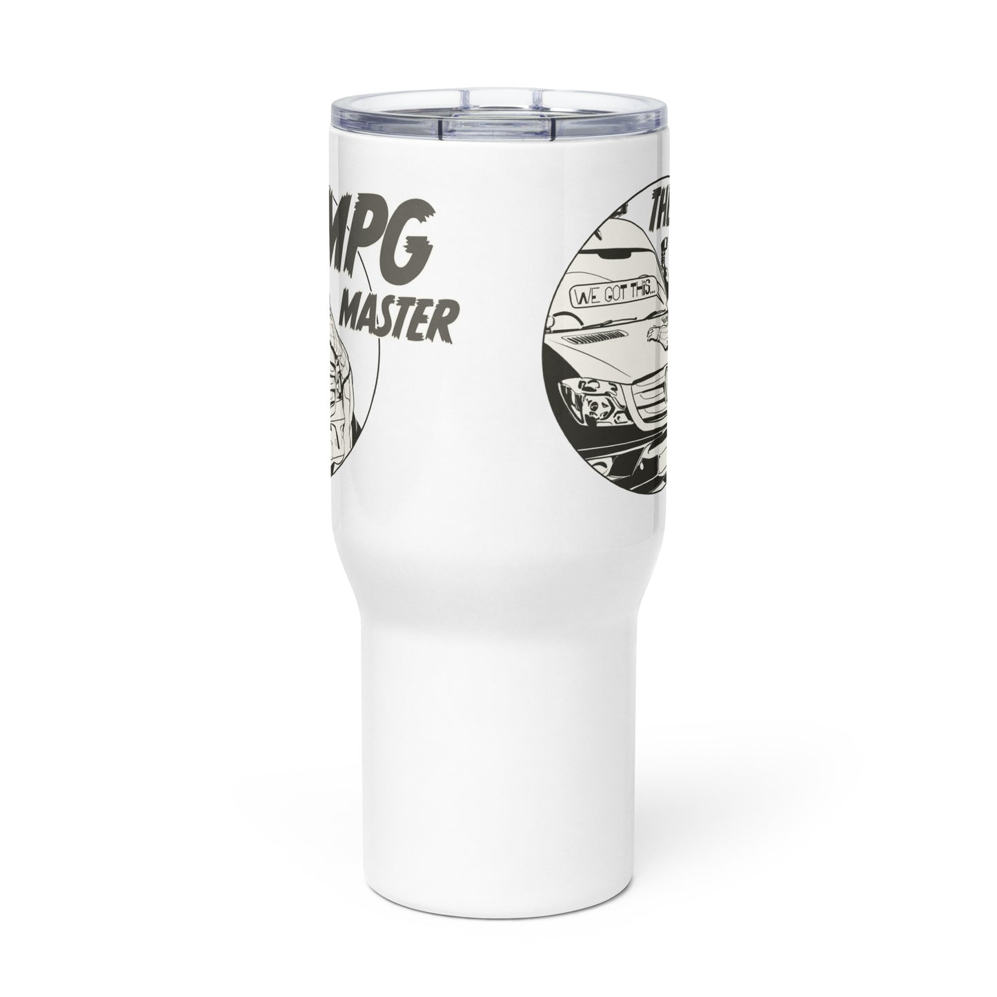 Travel mug with a handle with “The MPG Master” (M) logo