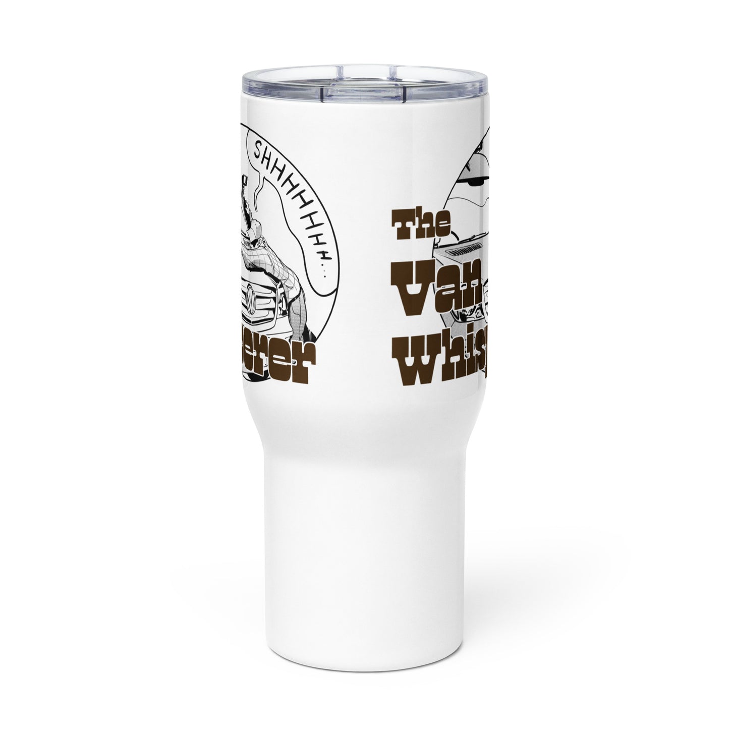 Travel mug with a handle with “The Van Whisperer” (M) logo