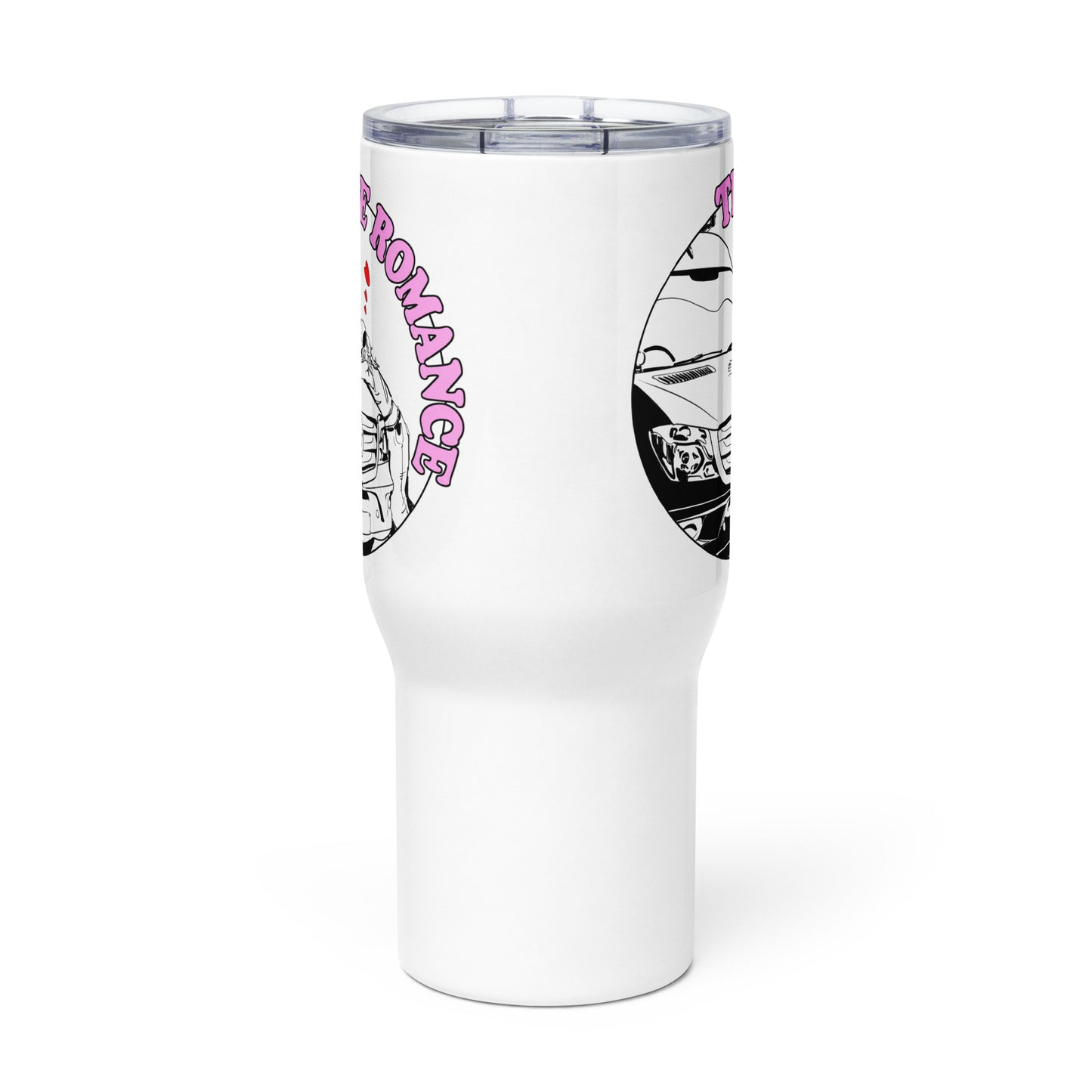 Travel mug with a handle with “True Romance” (F) logo