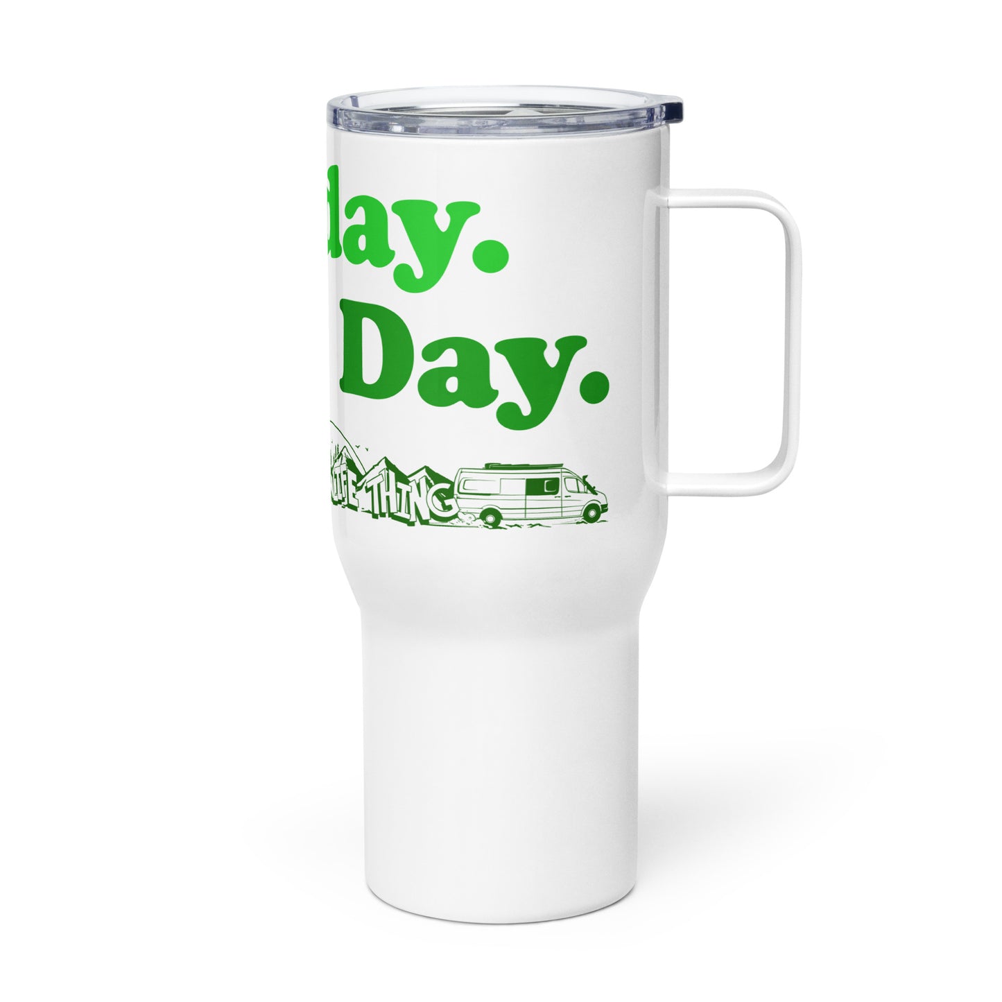 Travel mug with a handle with “Sunday Every Day” logo