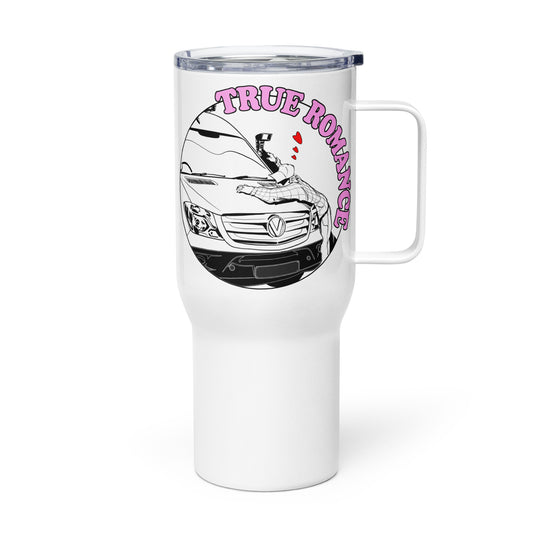 Travel mug with a handle with “True Romance” (M) logo