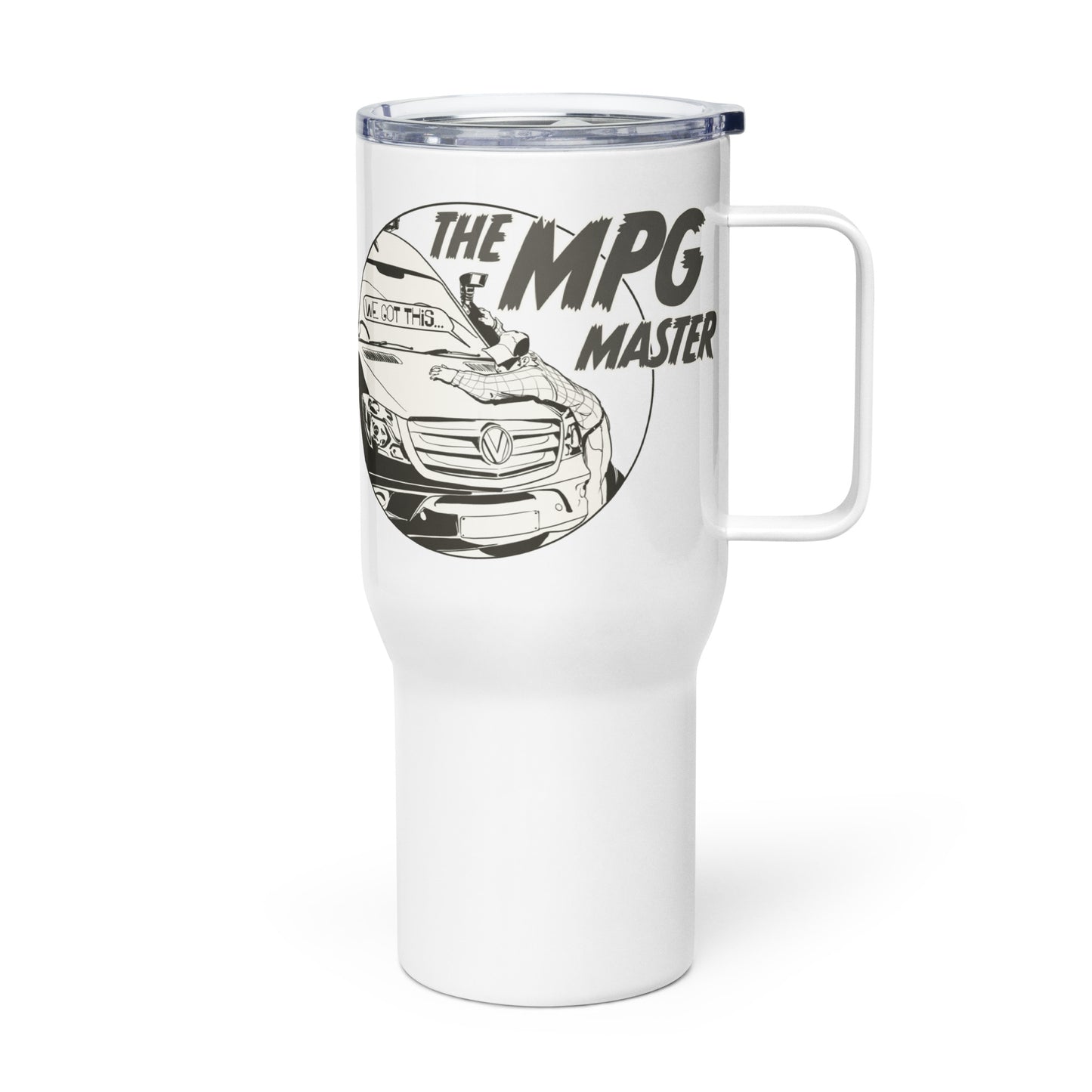 Travel mug with a handle with “The MPG Master” (M) logo