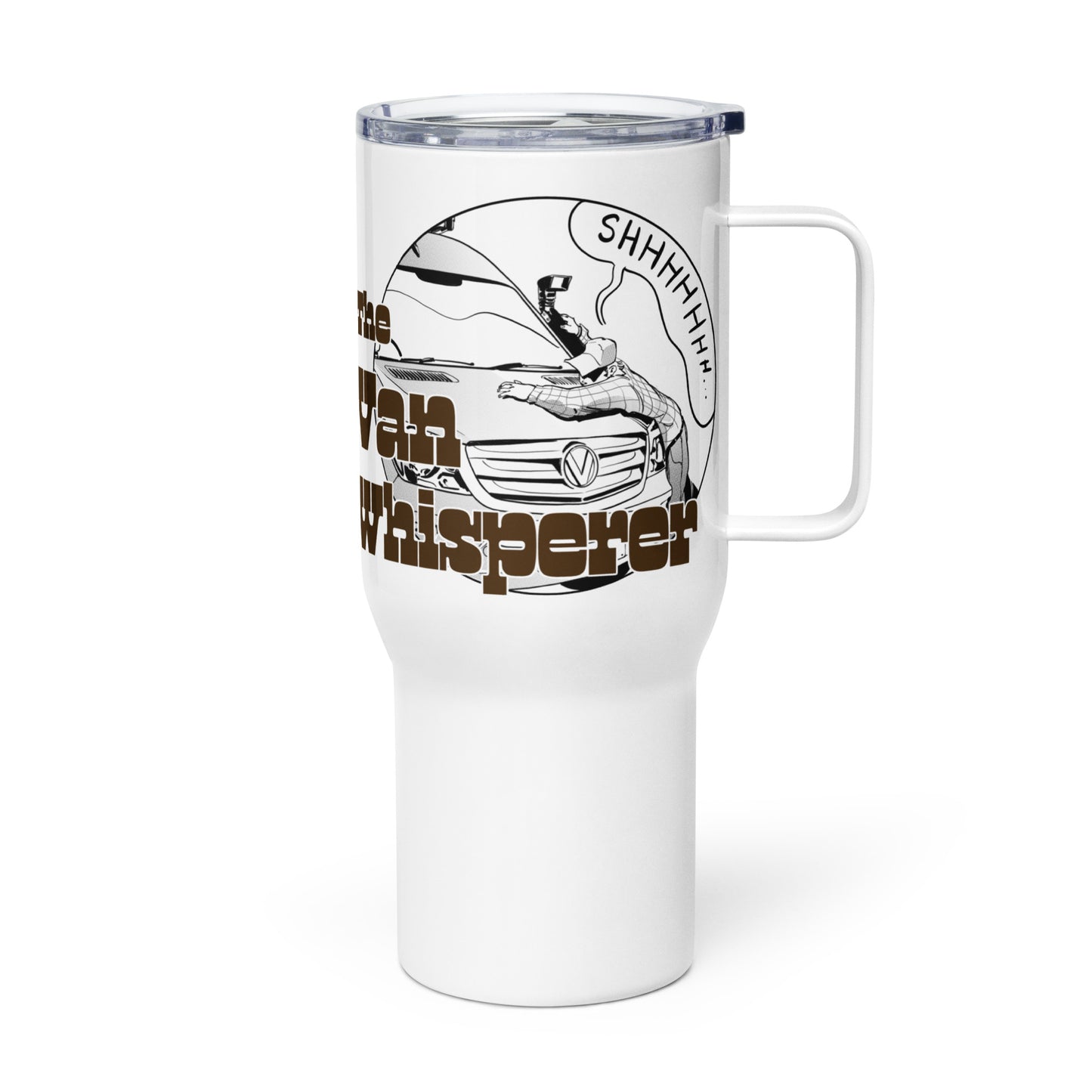 Travel mug with a handle with “The Van Whisperer” (M) logo