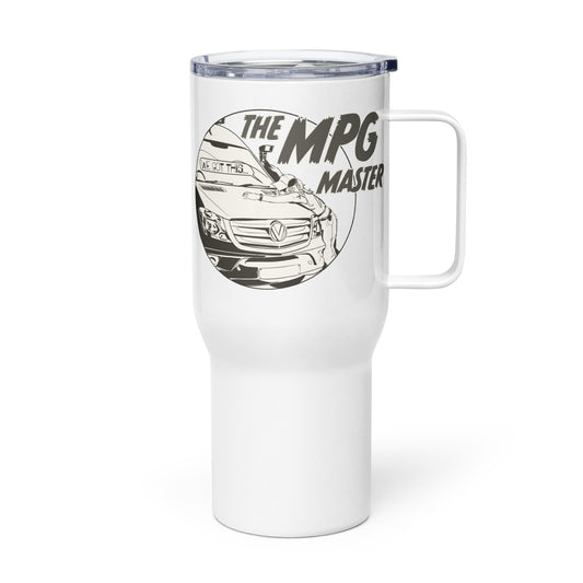 Travel mug with a handle with “The MPG Master” (F) logo