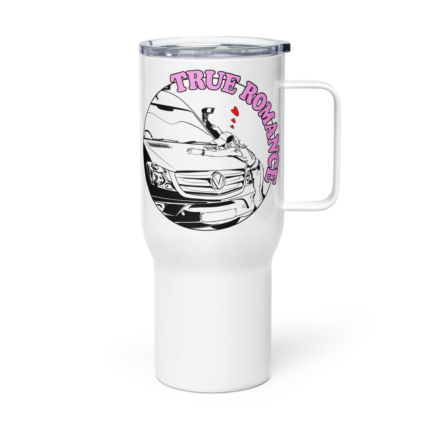 Travel mug with a handle with “True Romance” (F) logo