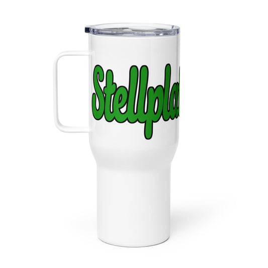 Travel mug with a handle with “Stellplatz Junkie” logo