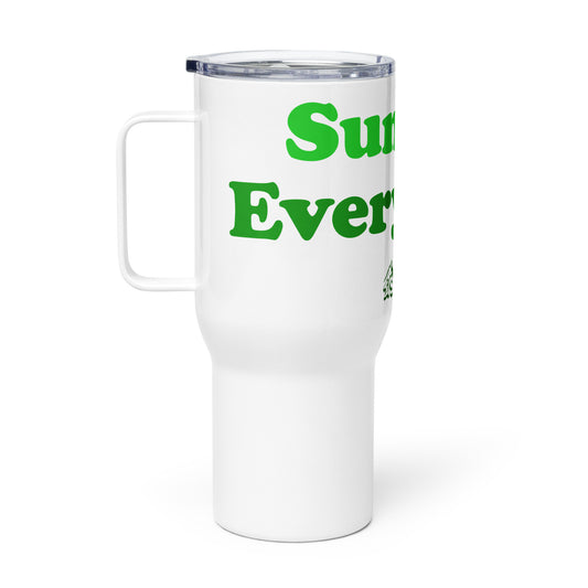 Travel mug with a handle with “Sunday Every Day” logo