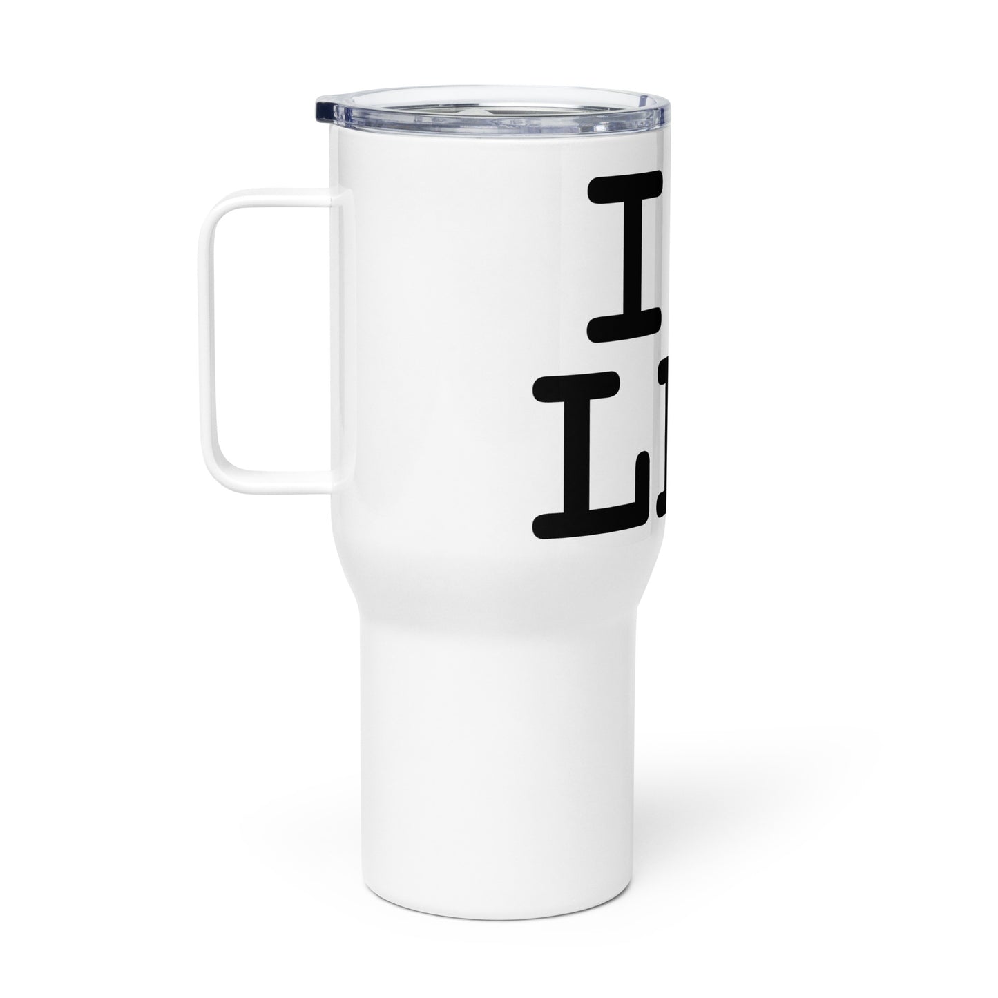 Travel mug with a handle with “I H LPG” logo