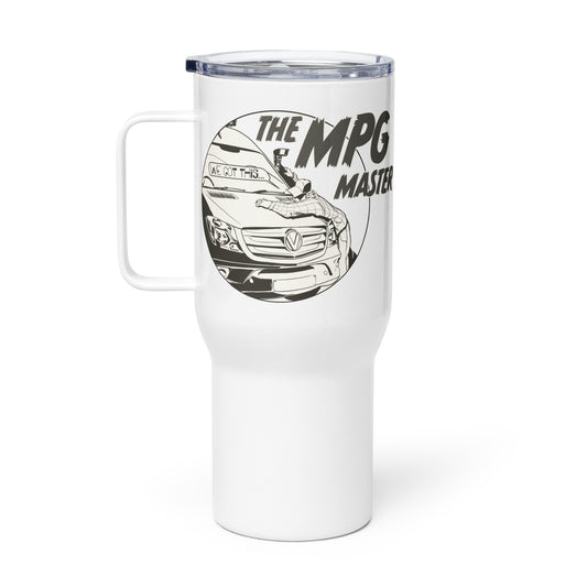 Travel mug with a handle with “The MPG Master” (M) logo