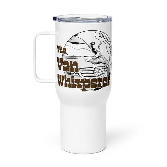 Travel mug with a handle with “The Van Whisperer” (M) logo