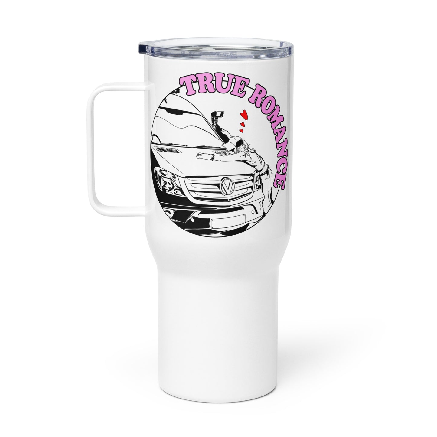 Travel mug with a handle with “True Romance” (F) logo