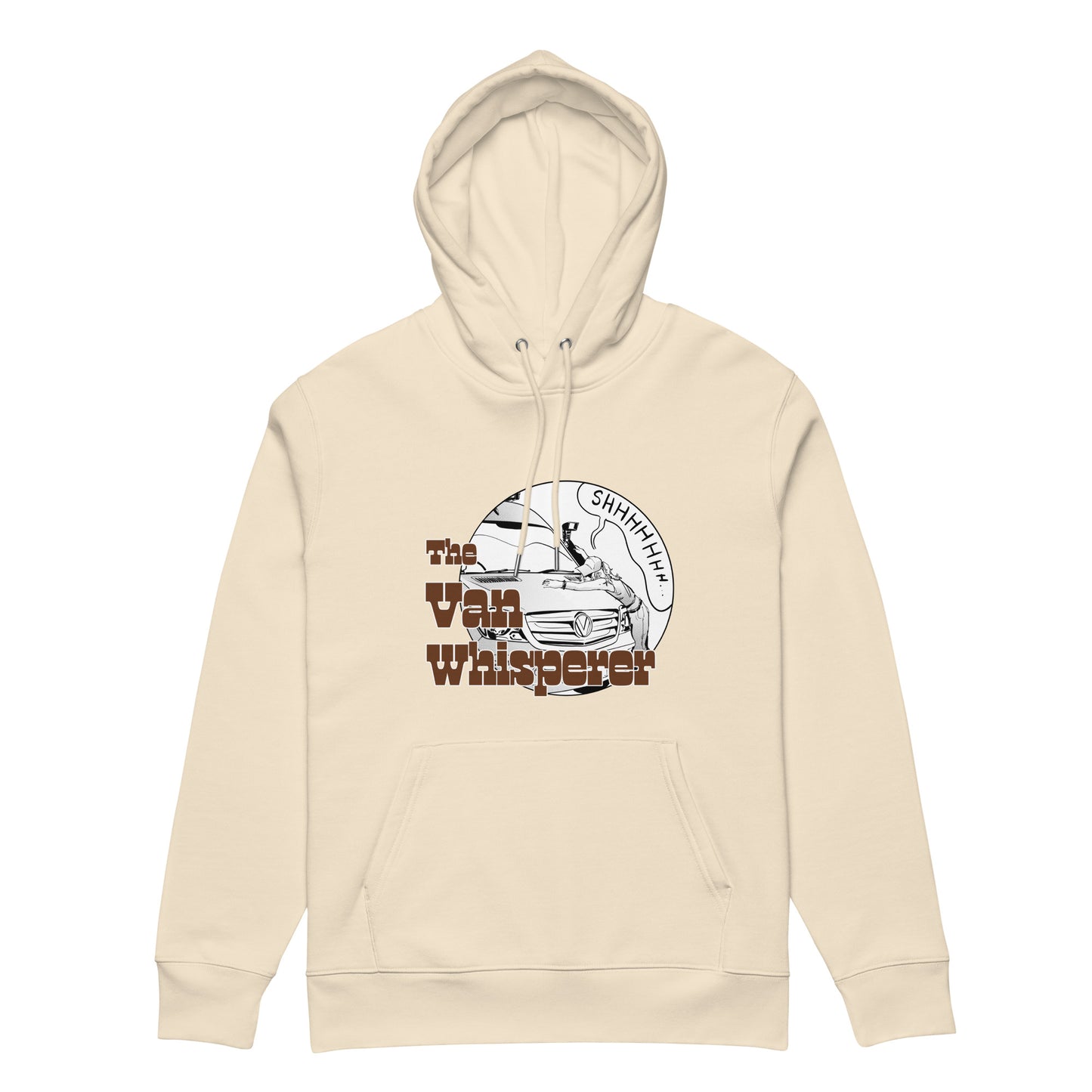 Unisex essential eco hoodie with “The Van Whisperer” (F) logo