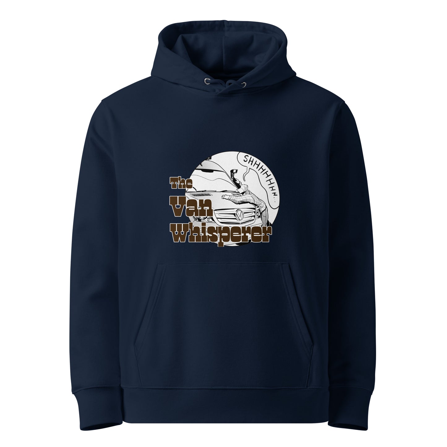 Unisex essential eco hoodie with “The Van Whisperer” (M) logo