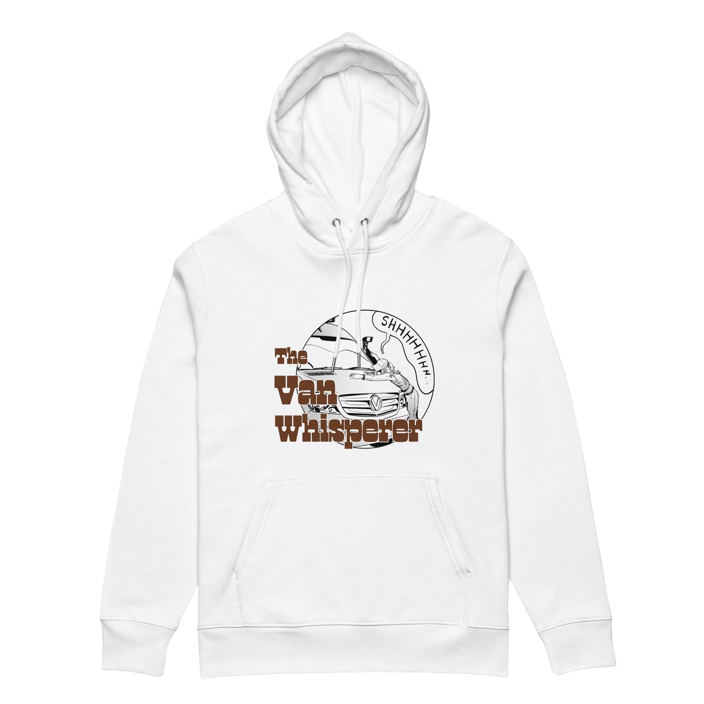 Unisex essential eco hoodie with “The Van Whisperer” (F) logo