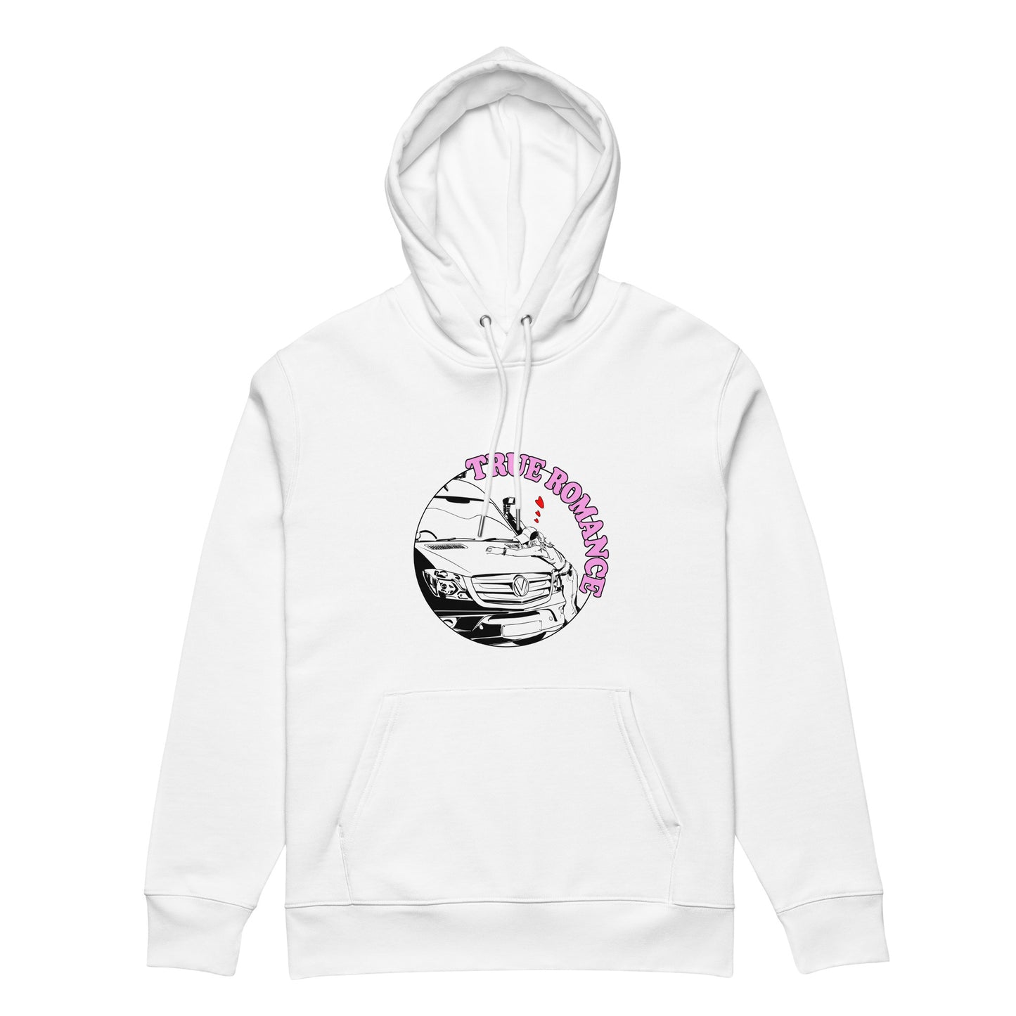 Unisex essential eco hoodie with “True Romance” (F) logo