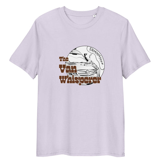 Unisex organic cotton t-shirt with “The Van Whisperer” (F) logo