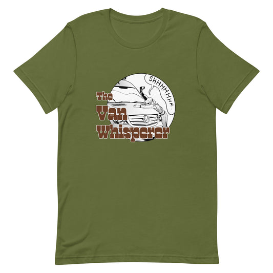 Unisex t-shirt with “The Van Whisperer” (F) logo