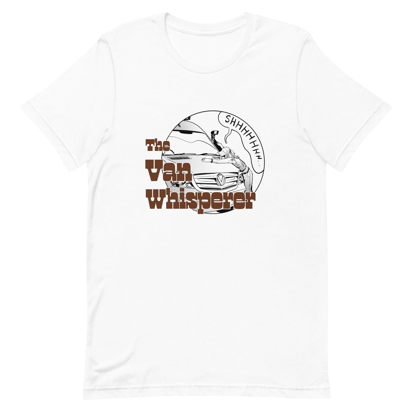 Unisex t-shirt with “The Van Whisperer” (F) logo