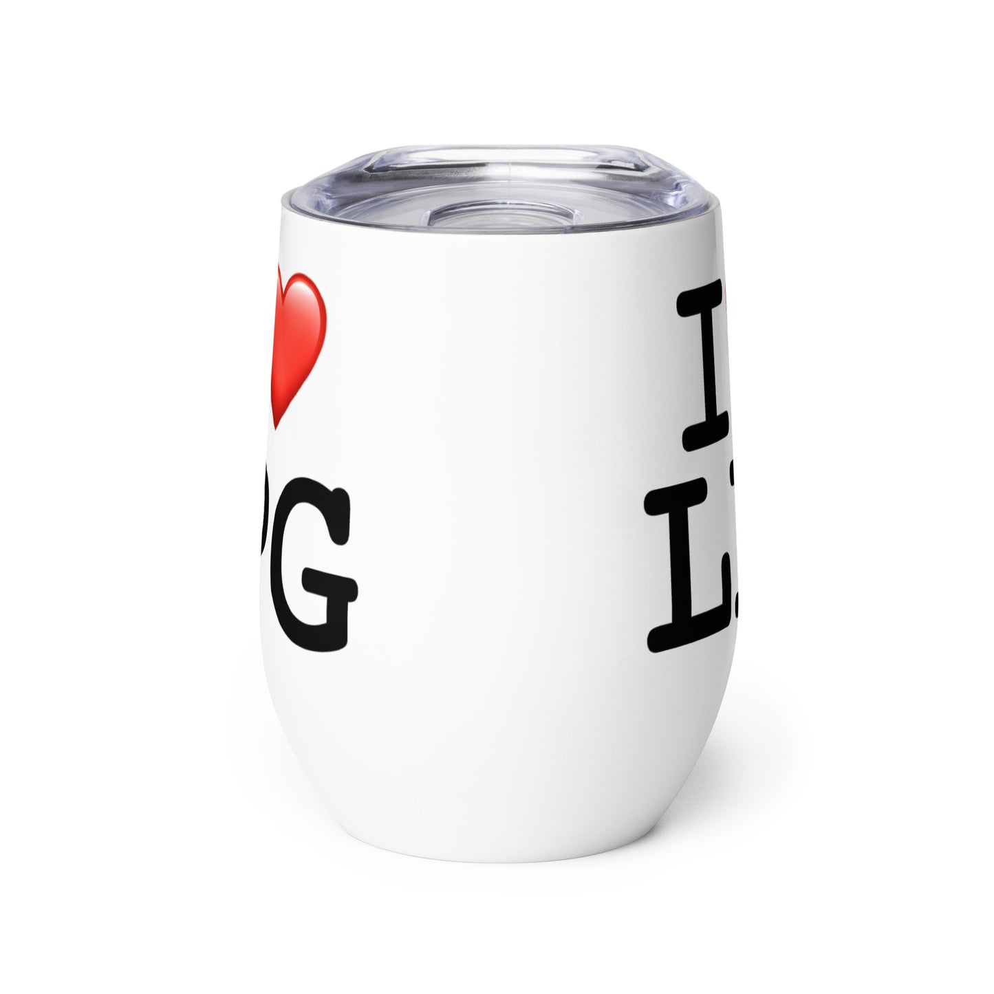 Wine tumbler with “I H LPG” logo