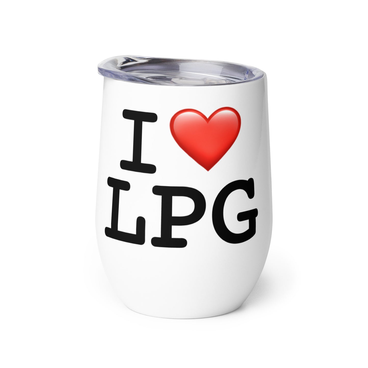 Wine tumbler with “I H LPG” logo