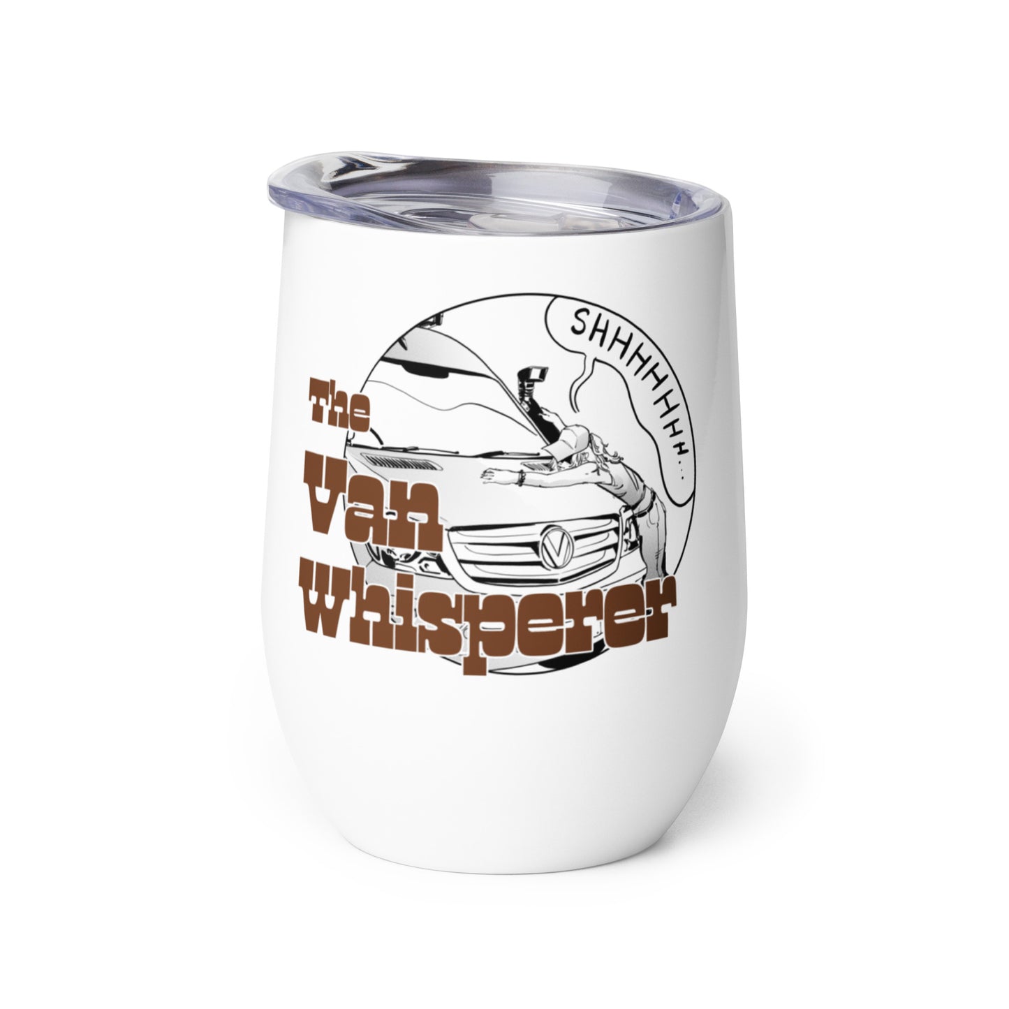 Wine tumbler with “The Van Whisperer” (F) logo