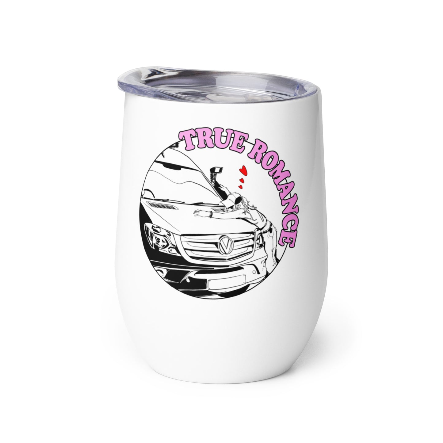 Wine tumbler with “True Romance” (F) logo