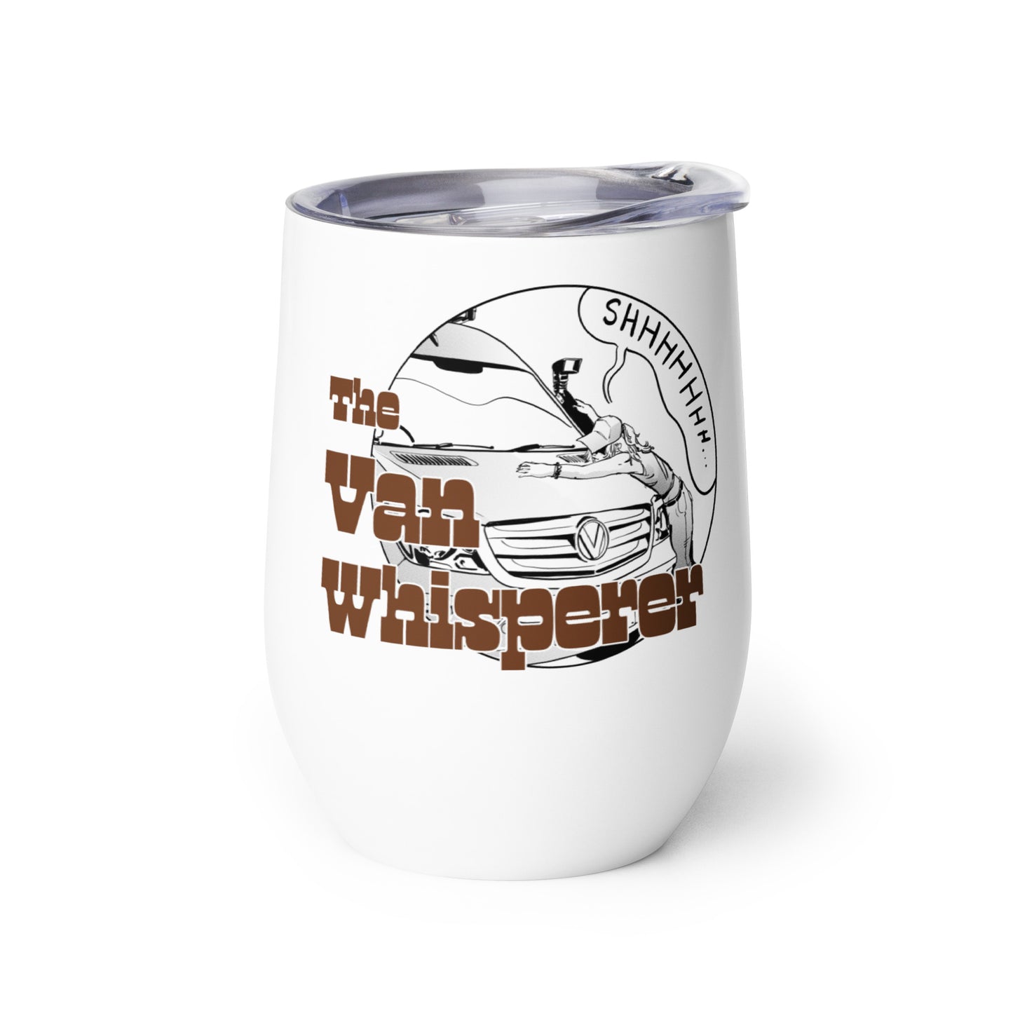 Wine tumbler with “The Van Whisperer” (F) logo