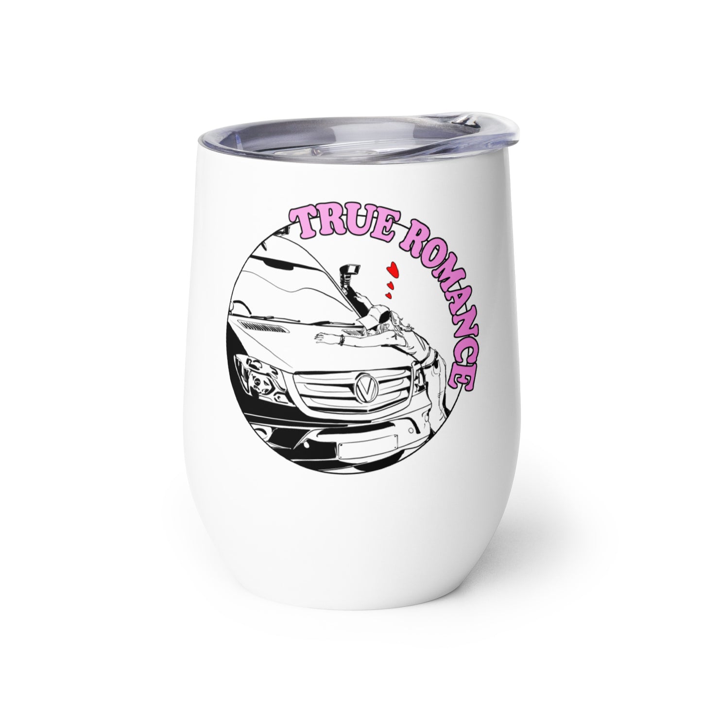 Wine tumbler with “True Romance” (F) logo